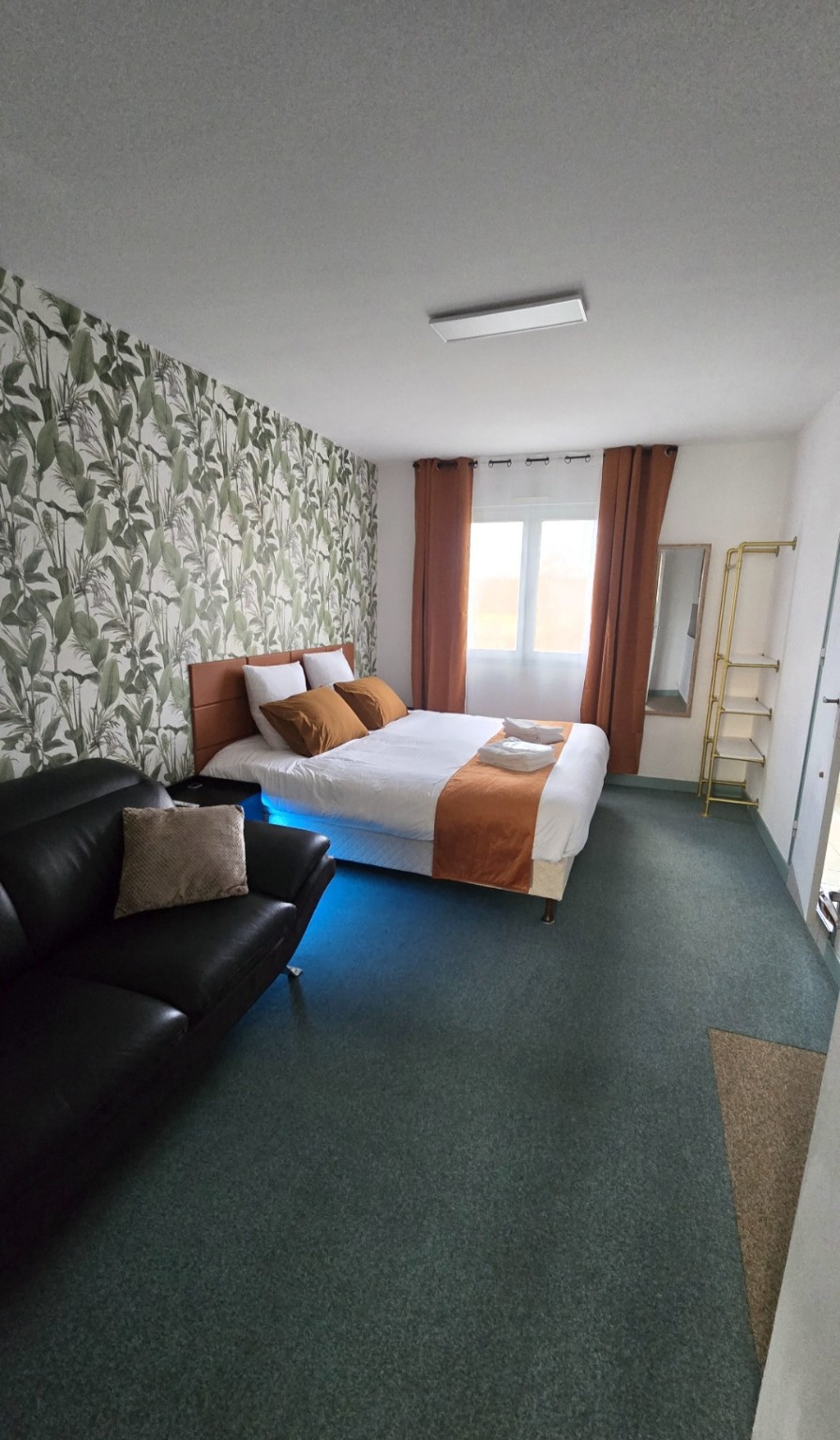 Pièce principale de l’Appartement 3 avec lit king size et canapé en cuir
